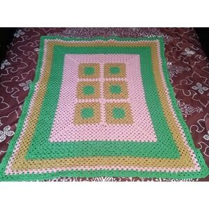 Vtg Handmade Granny Square Blanket Crochet Knit Afghan Throw Blanket 45 X 37"